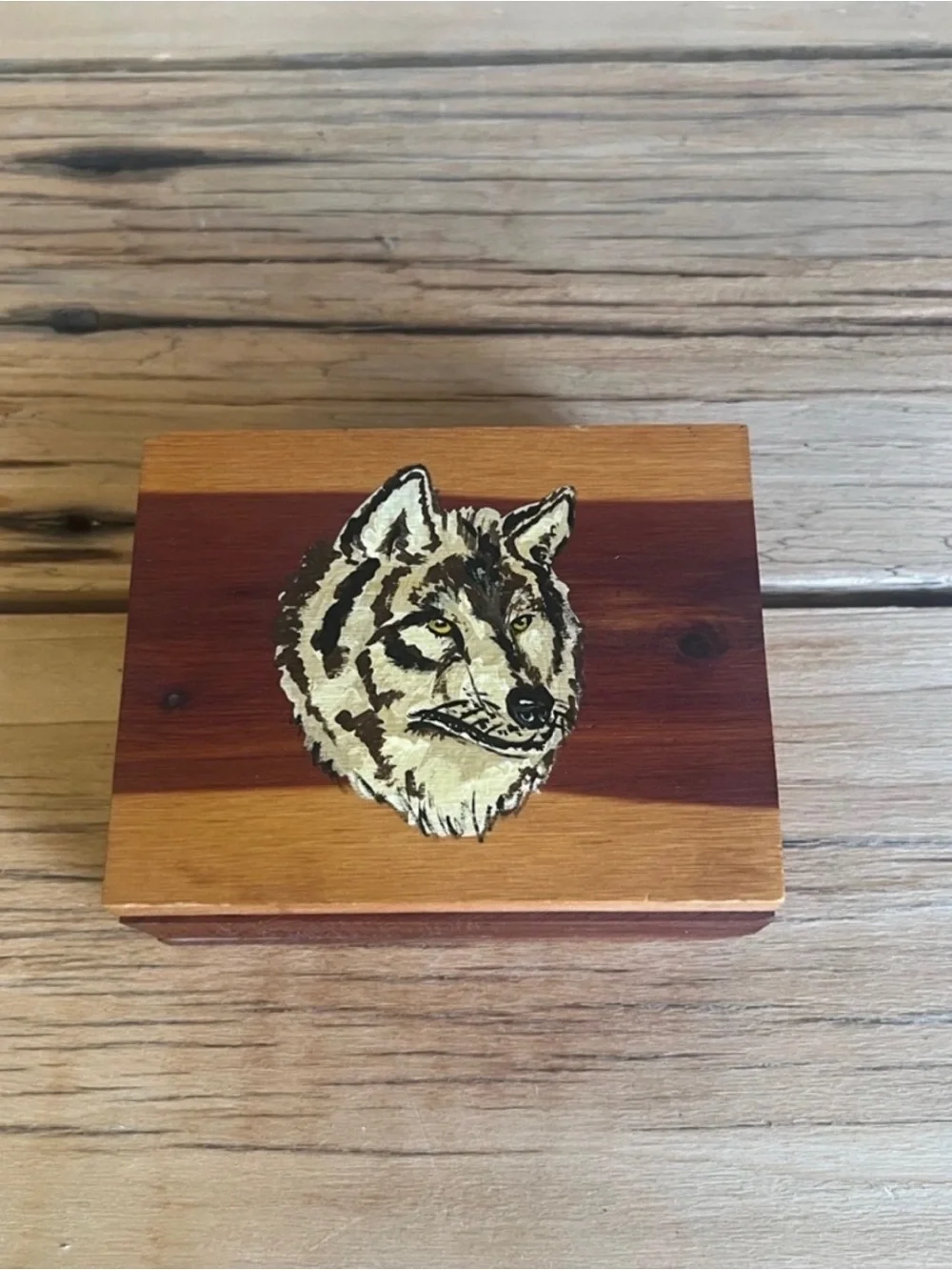 Wooden Wolf Accent Box in Natural and Brown